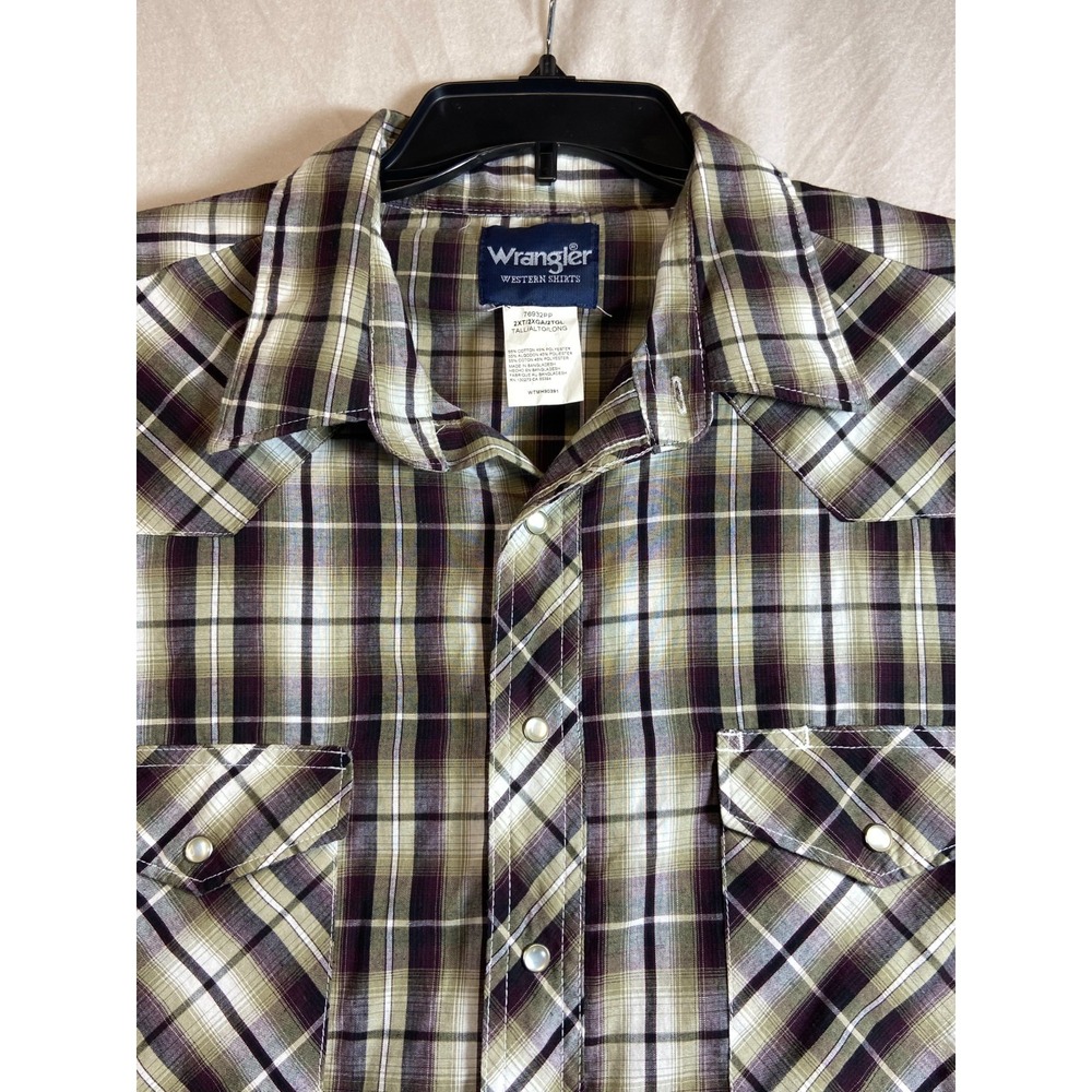 Wrangler Shirt Mens 2XT Tall Plum Green Plaid Western Pearl Snap Short Sleeve
